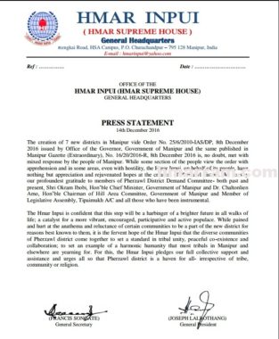 Hmar Inpui Welcomes Creation of Pherzawl District - HMARRAM
